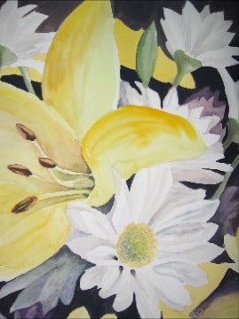 watercolor painting of closeup yellow day lilies and white daisies with dark background.