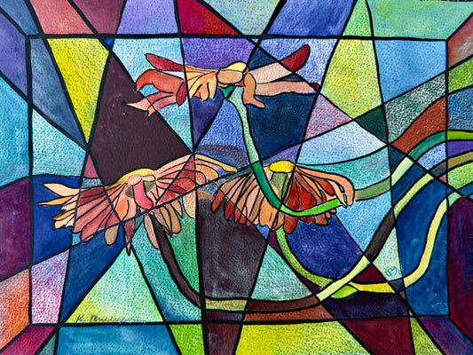 Colorful abstract artwork with geometric shapes and a stylized flower.