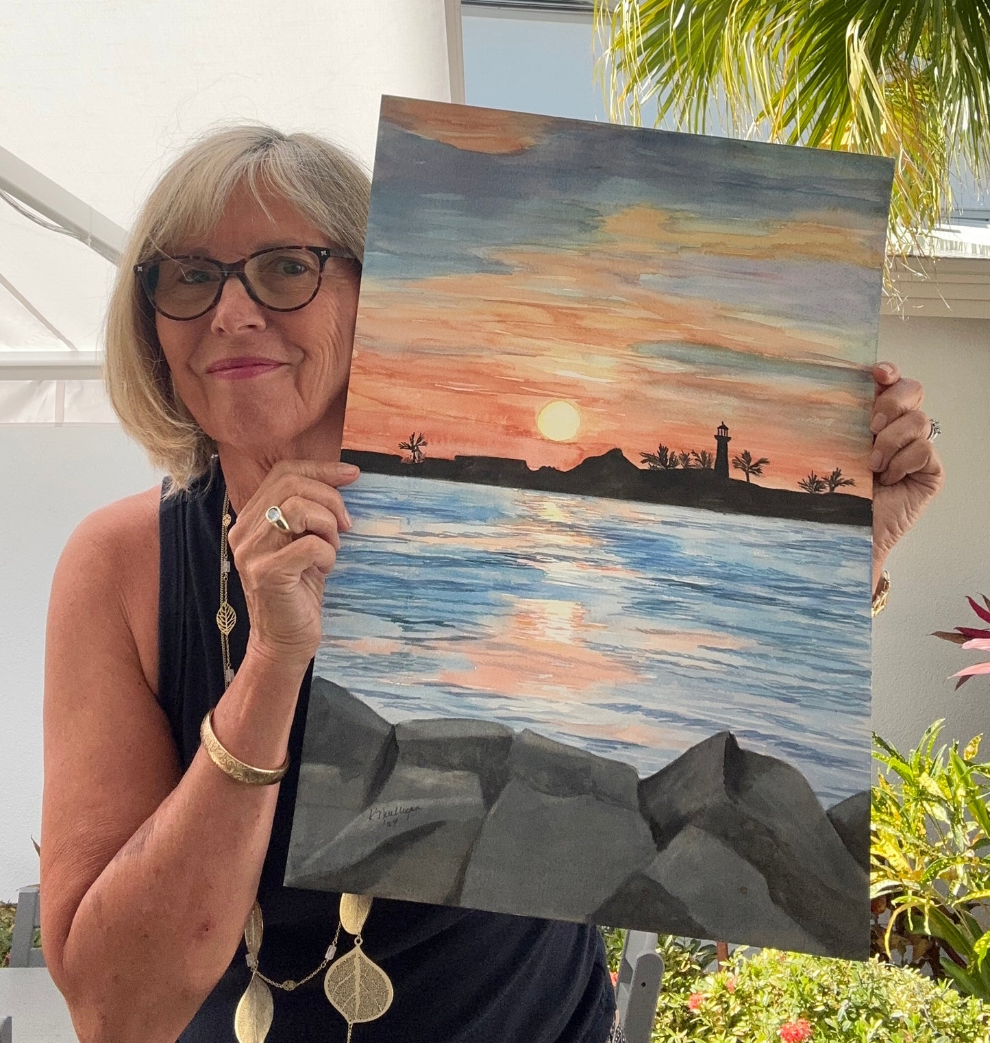 Sunset Landscape Painting, Jupiter Inlet Original Watercolor