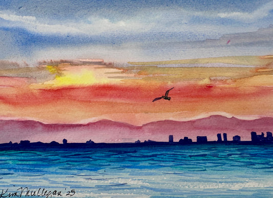 Watercolor painting of a sunset over water with a bird flying and distant landforms.