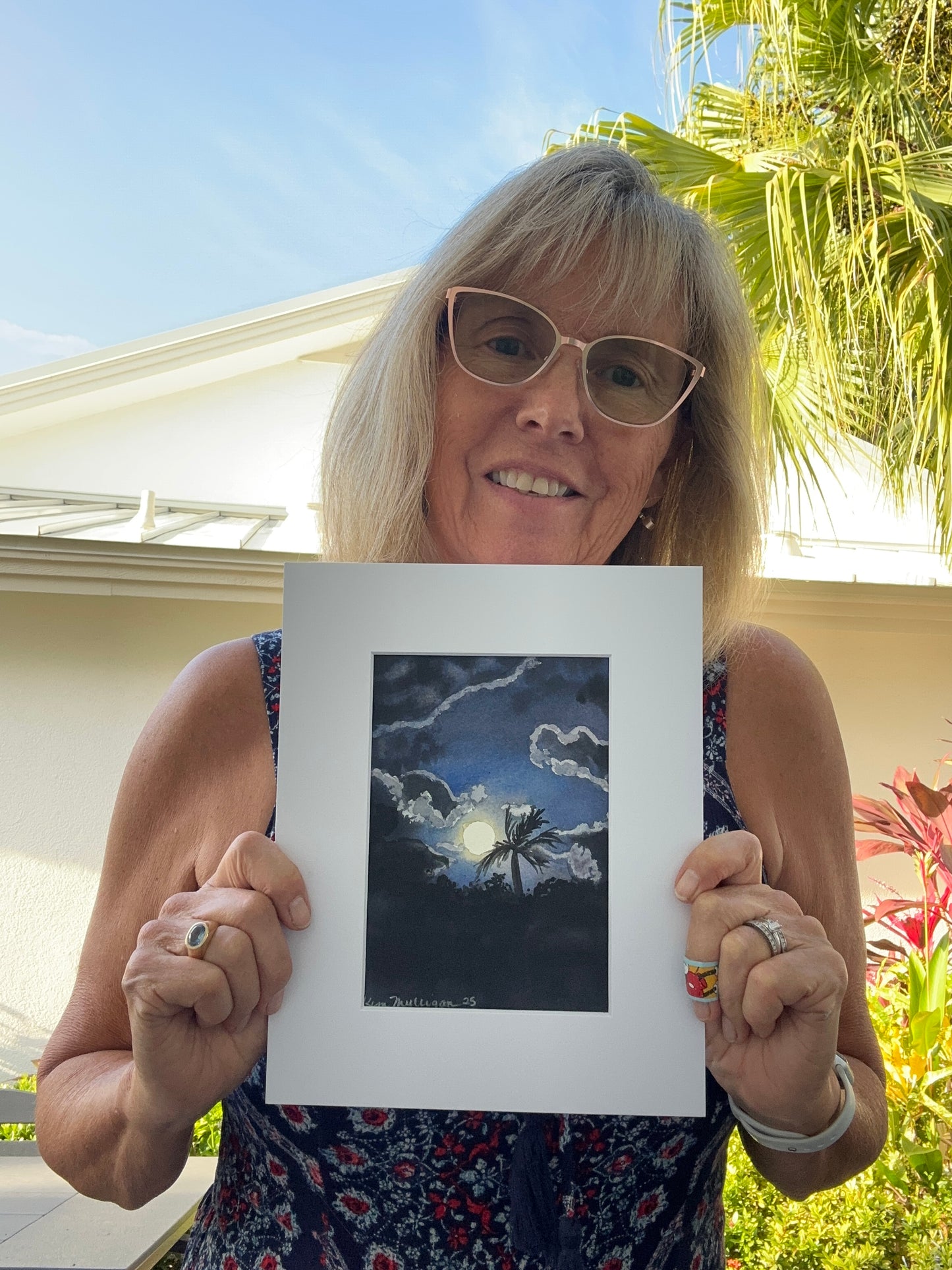 Night Sky with Moon and Palm Trees Original Watercolor Painting