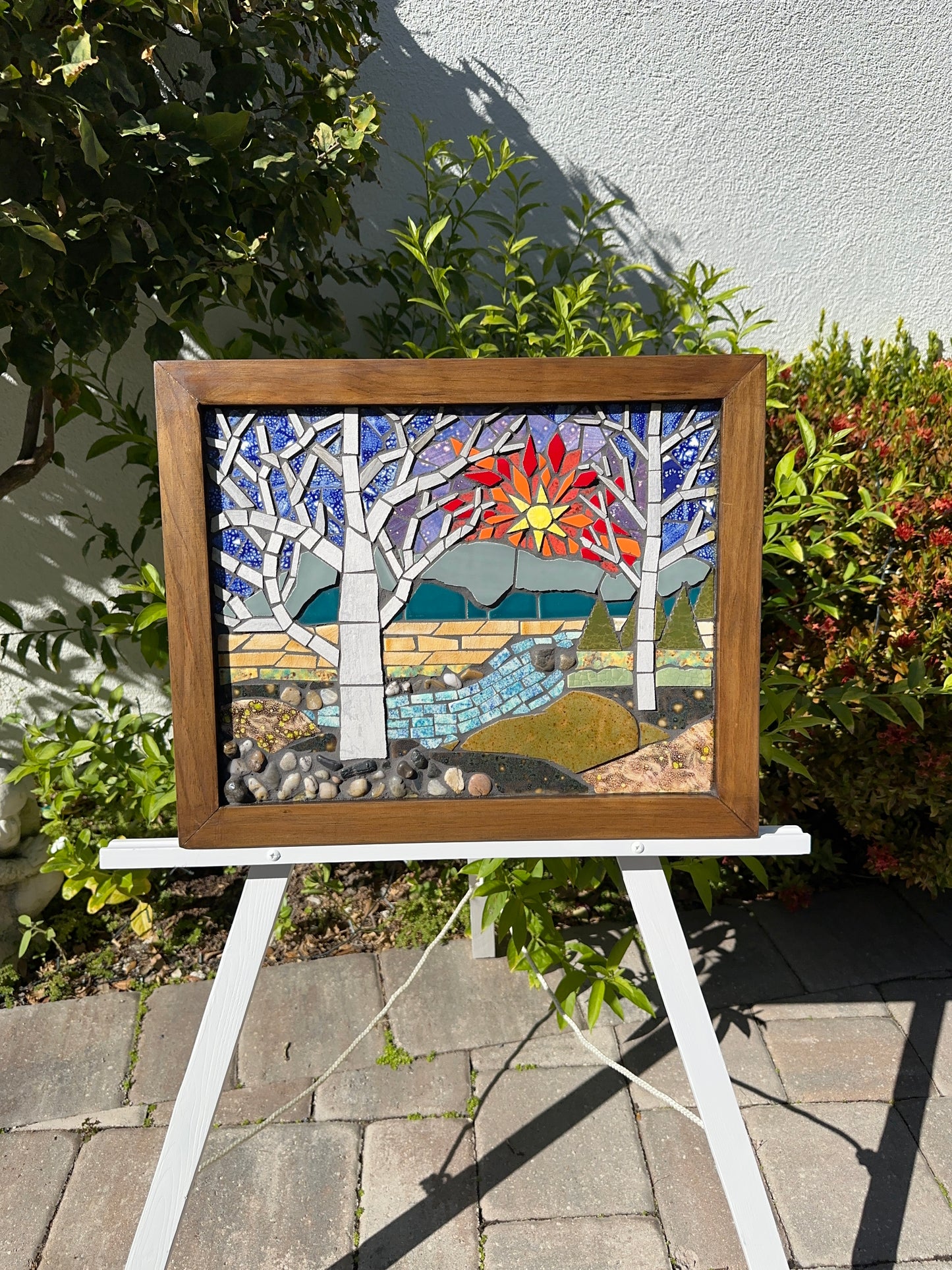 Handcrafted Mosaic Landscape Wall Art with River & Trees