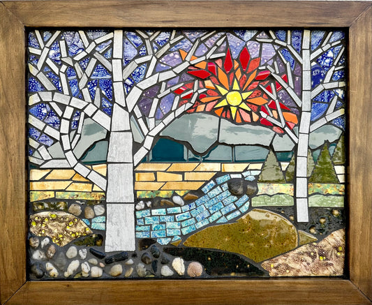 Handcrafted Mosaic Landscape Wall Art with River & Trees