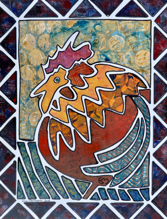 Artistic depiction of a rooster on a textured background with geometric patterns.