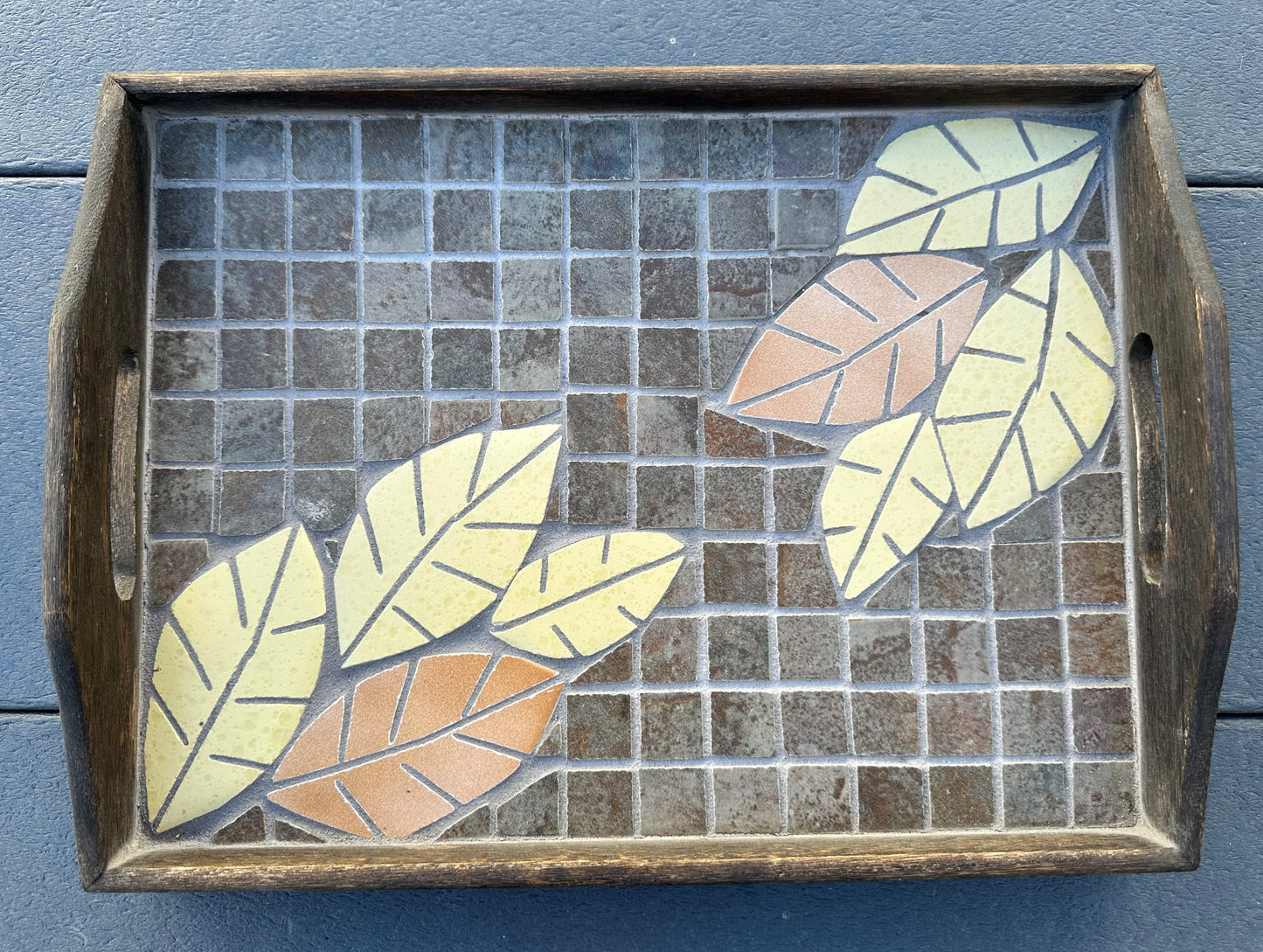 Mosaic Serving Tray with Yellow and Gold Leaf Design