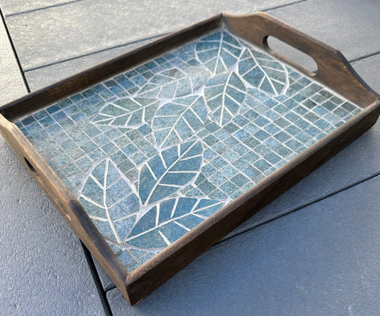 Mosaic Serving Tray with Green Leaf Design