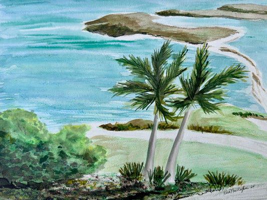 Watercolor painting of a tropical landscape with palm trees and a lagoon.