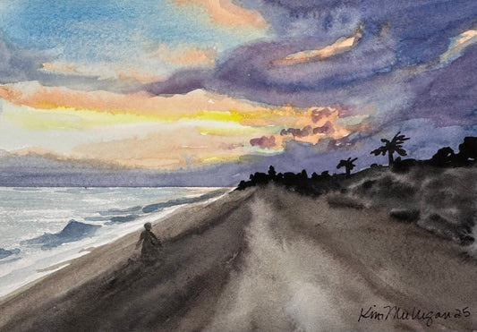 Print of "A Walk on the Beach at Sunrise" Watercolor Painting