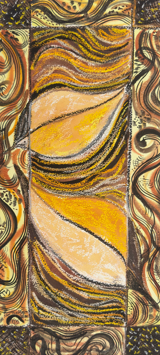 abstract mixed media painting depicting fall leaves and an organic patterned boarder in gold orange brown and black.