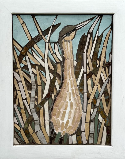Wildlife Bird Mosaic – American Bittern, Neutral Nature Wall Art, Handmade Tile Design