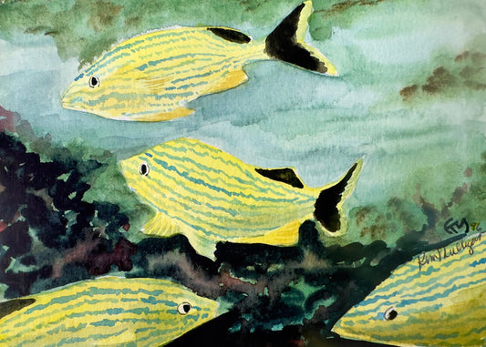 Watercolor painting of yellow fish swimming in water with coral.