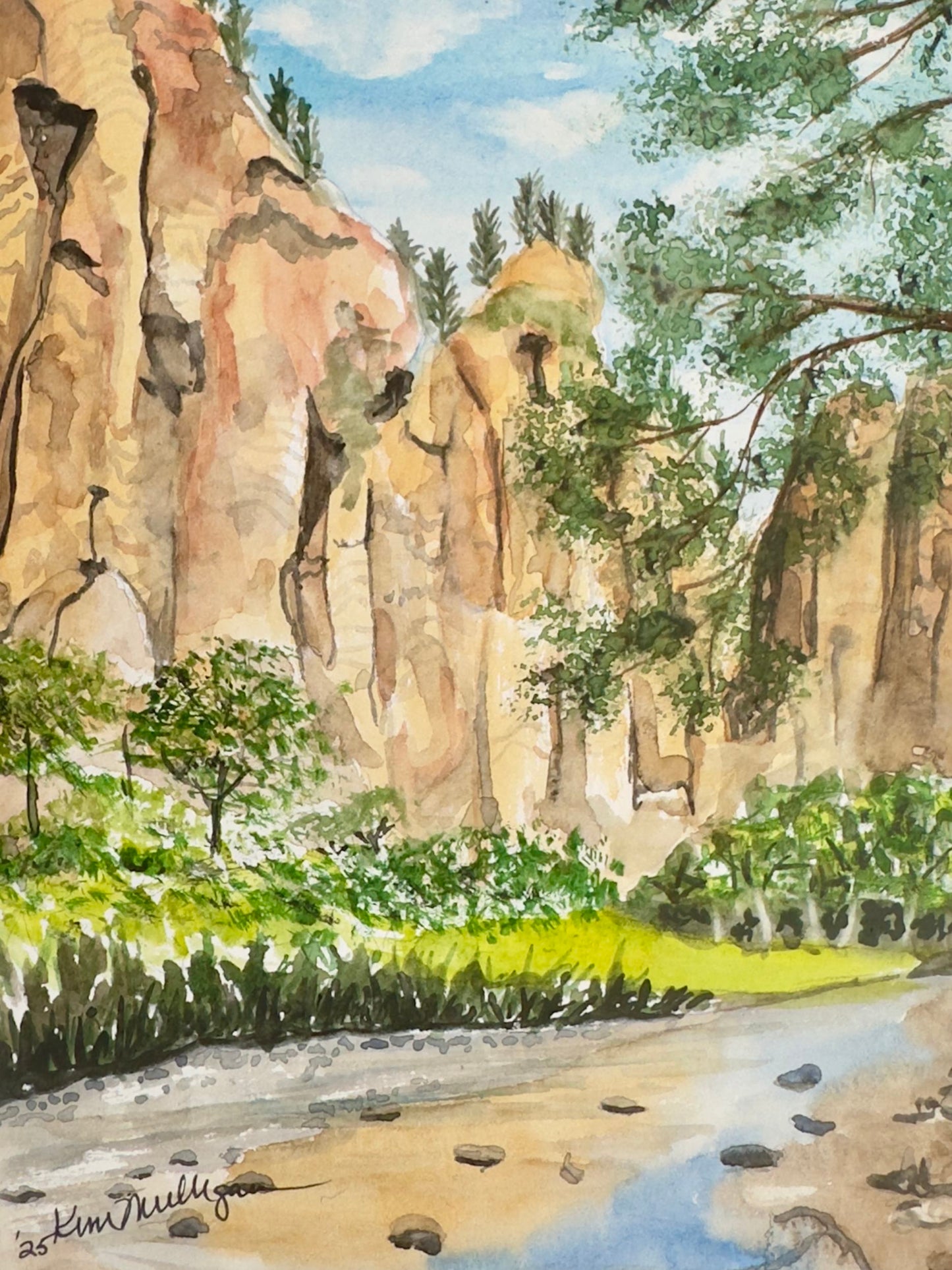 Watercolor painting of a natural landscape with rocky cliffs, trees, and a stream at Bryce Canyon Park.