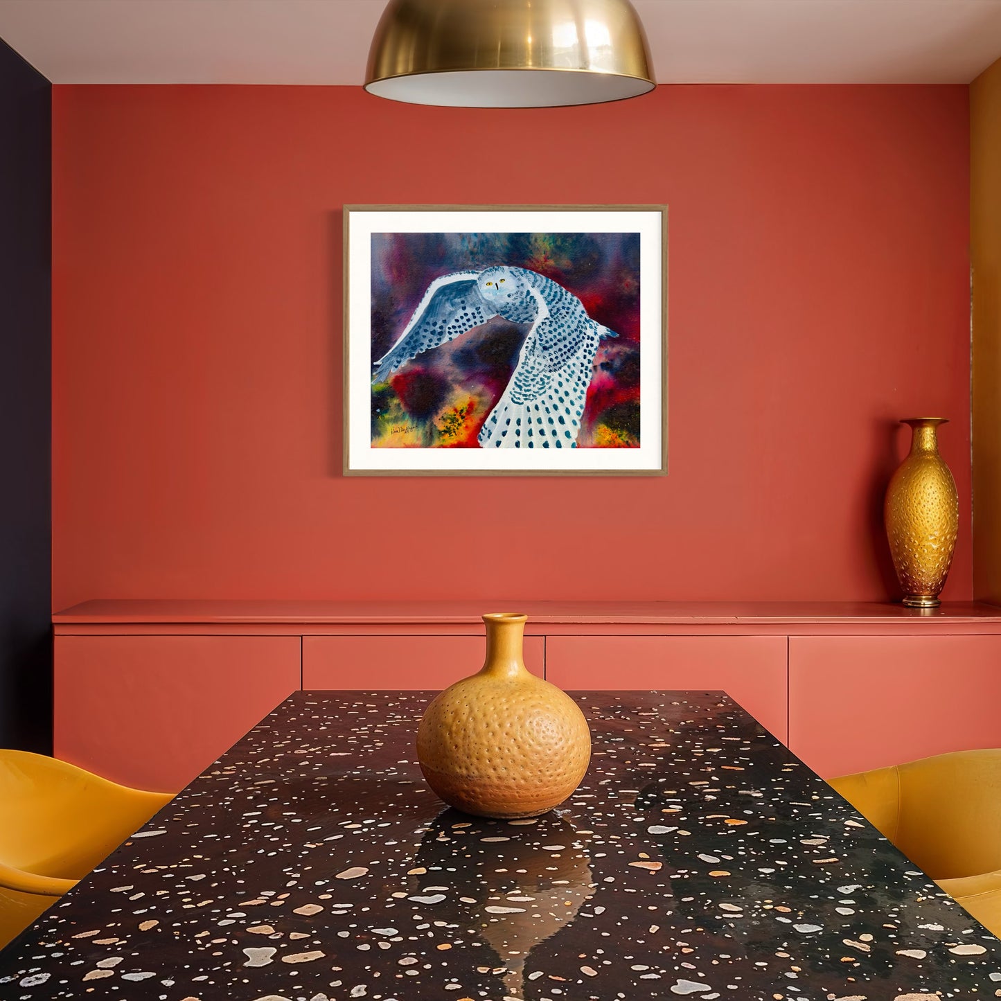 Framed watercolor painting of snowy owl in flight on colorful background