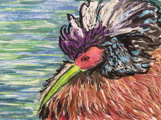 Colorful mixed media painting of a rooster with a watercolor background
