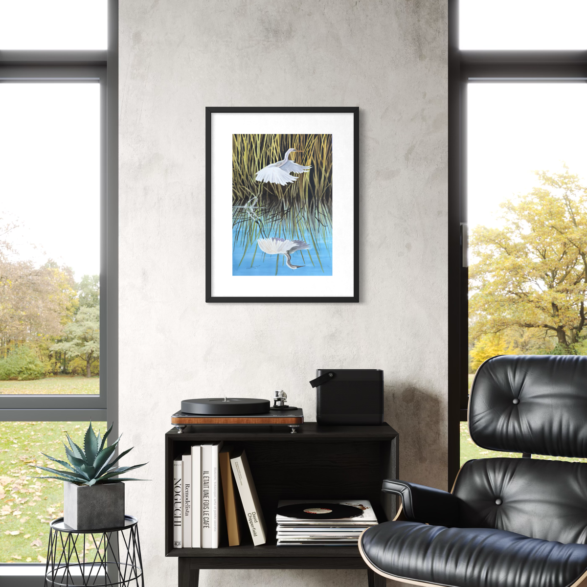 A framed watercolor painting depicting white heron with reflection in water in a marshy reed landscape,.