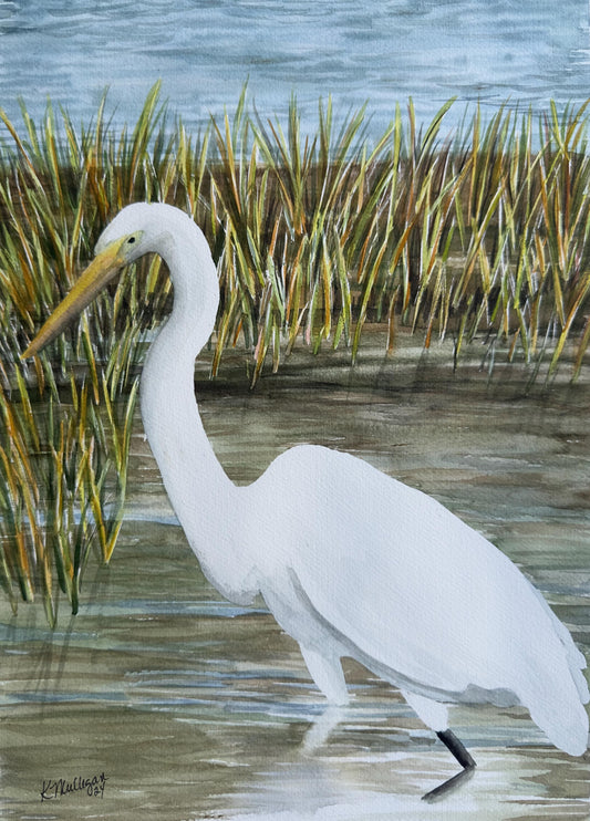 Print of White Egret in Marsh