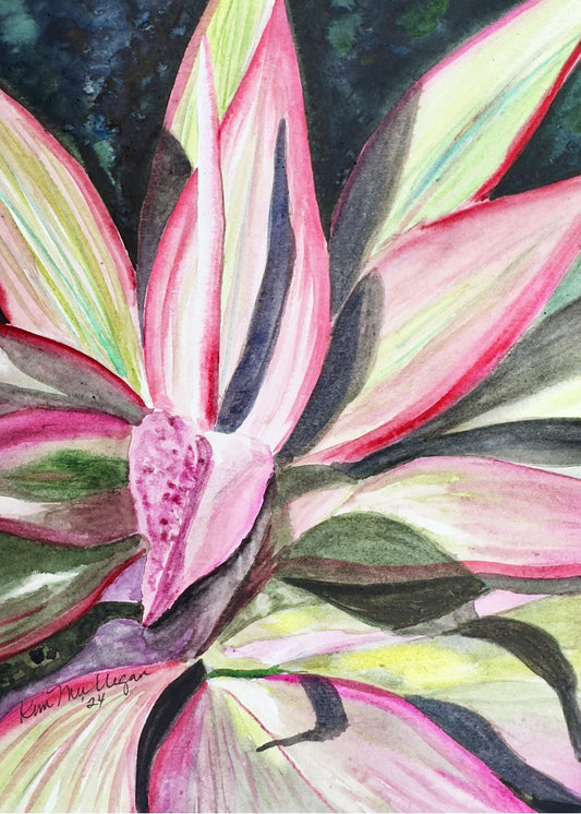 Colorful watercolor painting of a tropical plant with pink and green leaves.