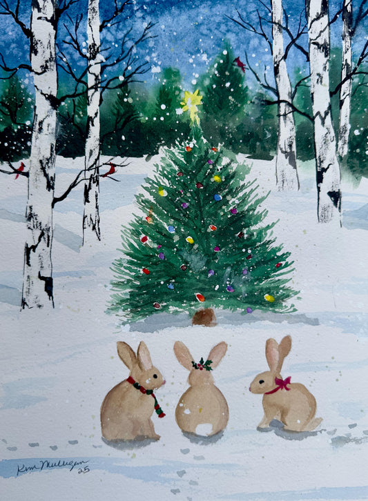 Print of Christmas Tree with Bunnies and Cardinals