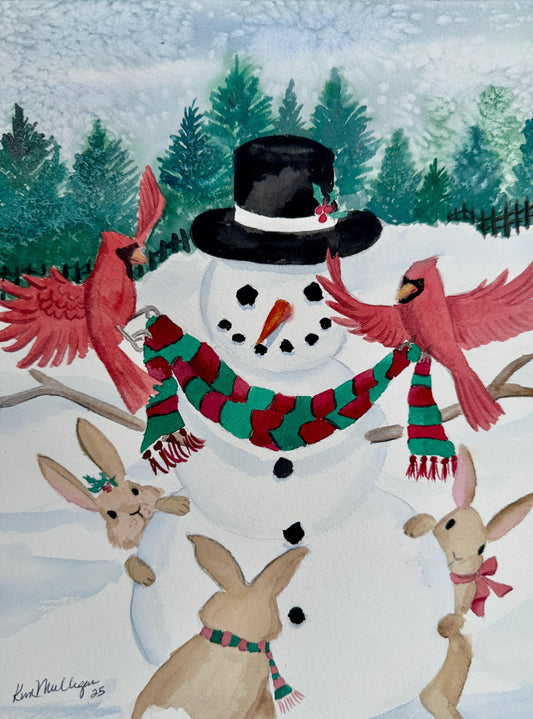 Print of Snowman with Bunnies and Cardinals