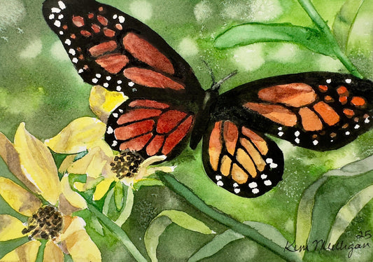 Watercolor painting of a black and orange monarch butterfly on a yellow flower with green background.