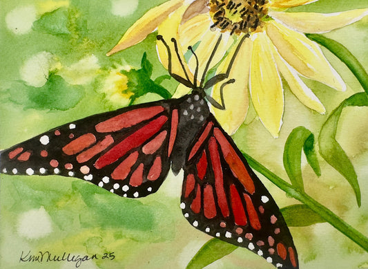 Watercolor painting of a monarch butterfly on a yellow flower with green leaves.