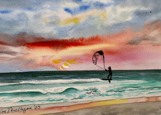 Print of Sunrise over the Ocean with a Kite Surfer