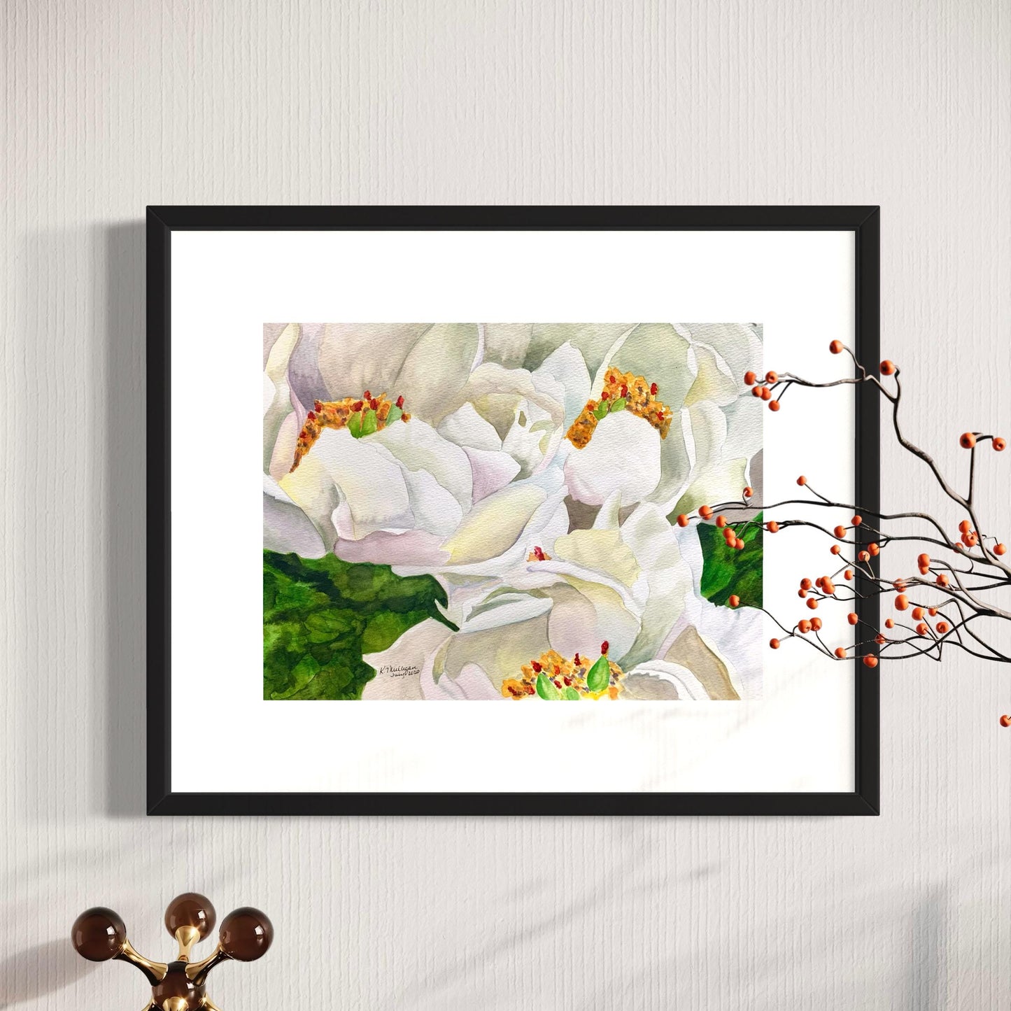 Three White Peony Flowers Original Watercolor Painting