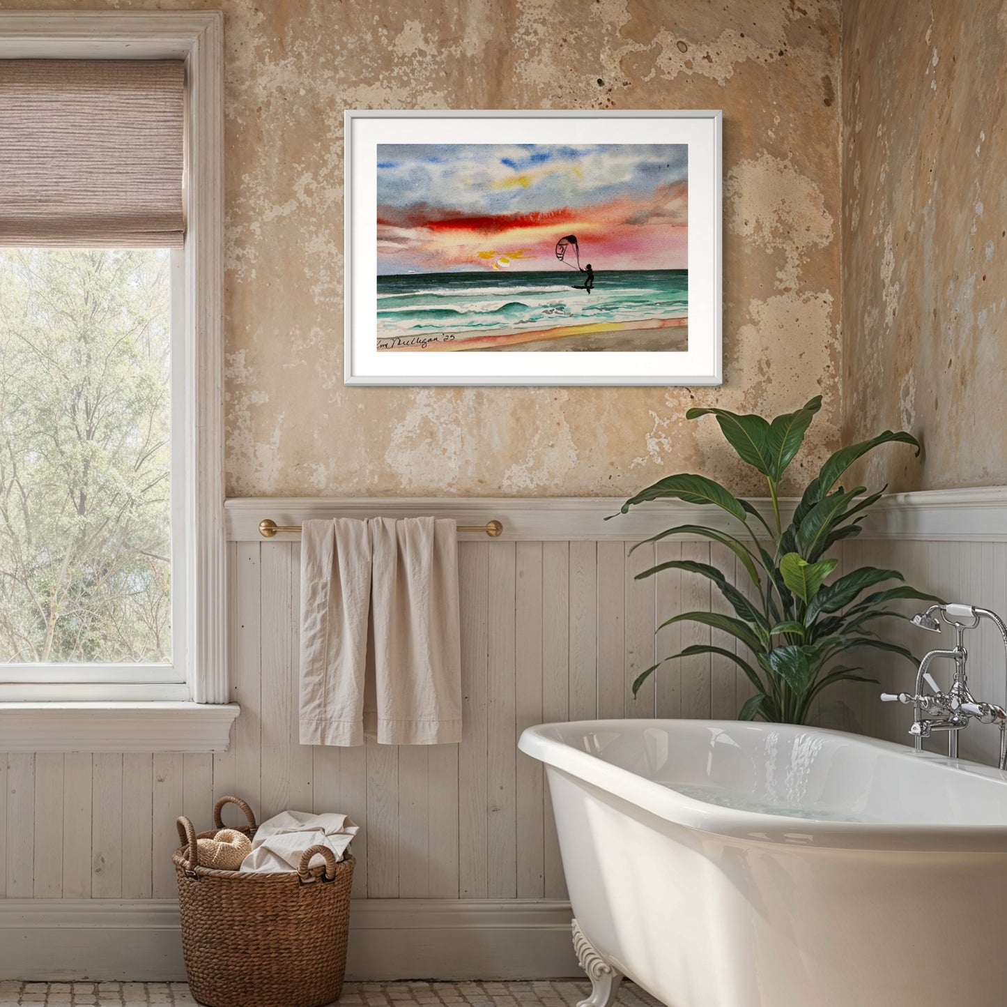 Print of Sunrise over the Ocean with a Kite Surfer Watercolor Painting
