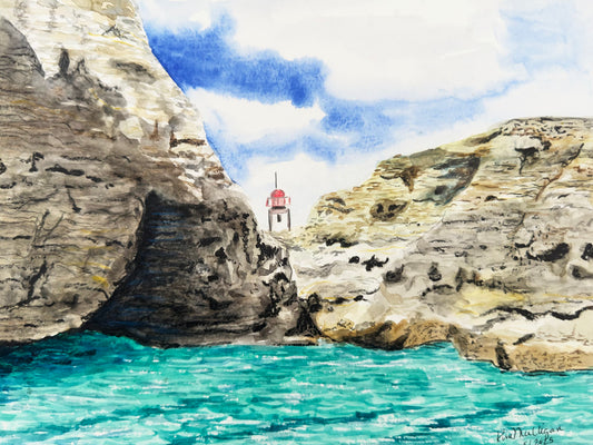 Print of Benagil Caves and Alfanzina Lighthouse in Lagos Portugal