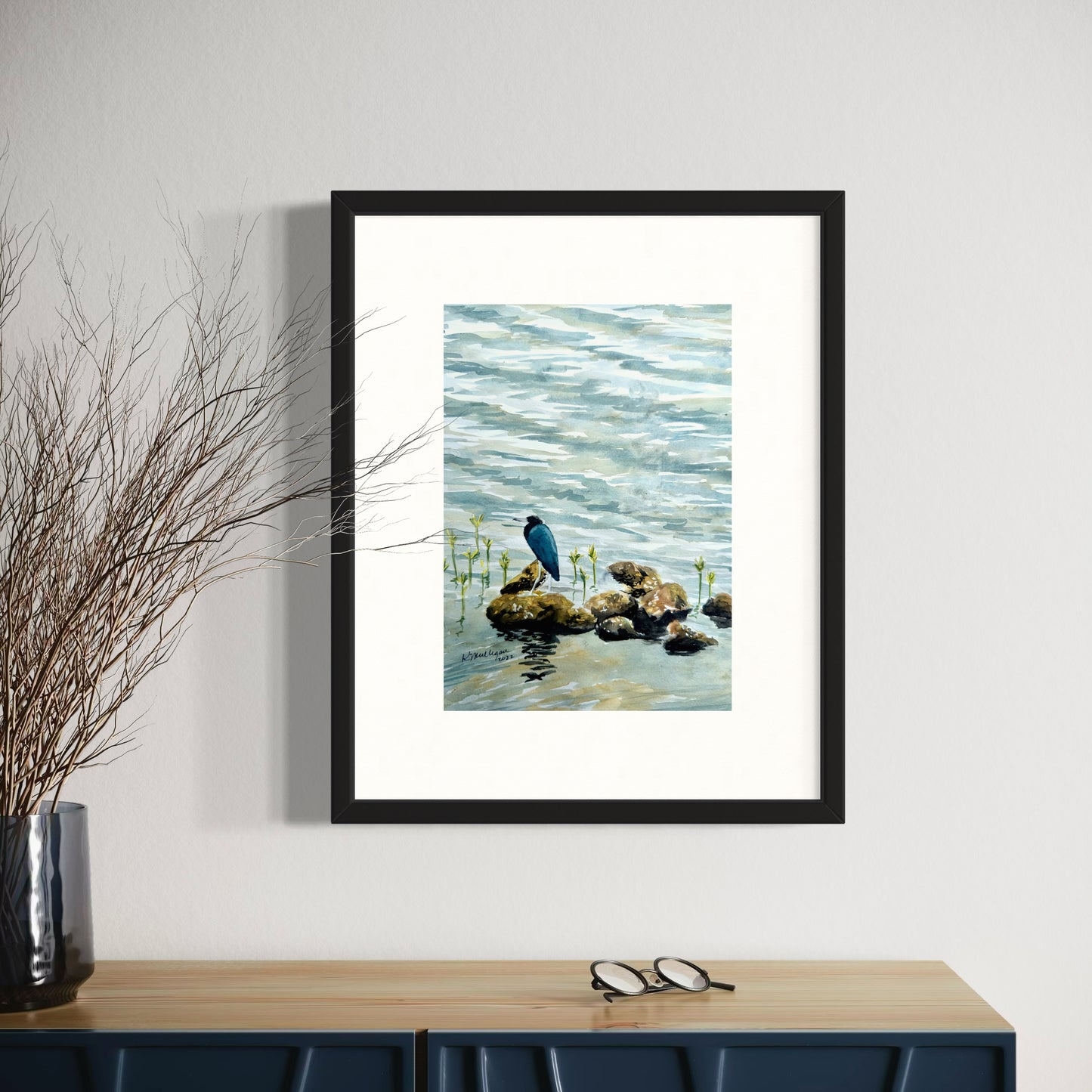Little Blue Heron on Rocks Original Watercolor Painting - 9x12"