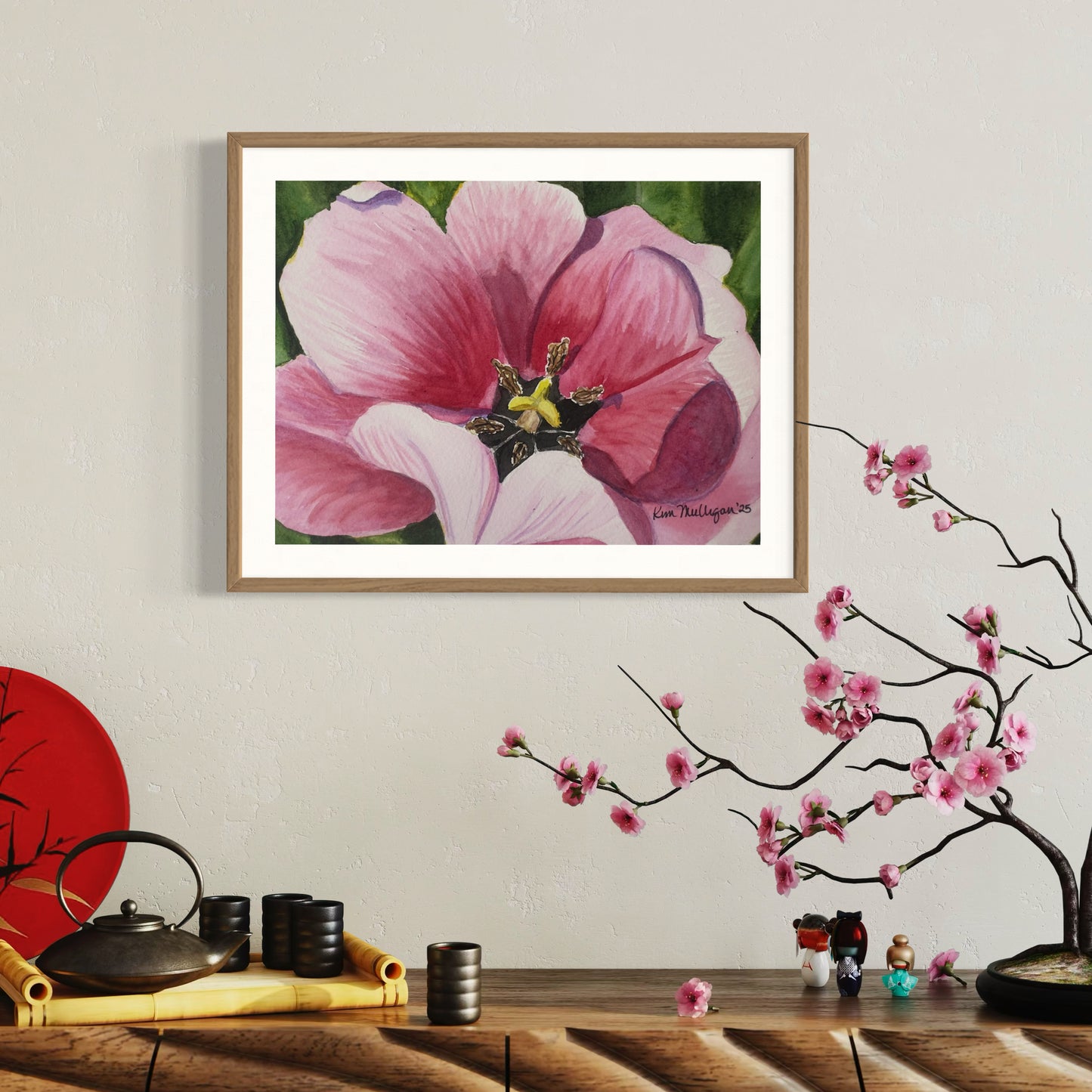 Framed watercolor artwork of a close up pink tulip flower