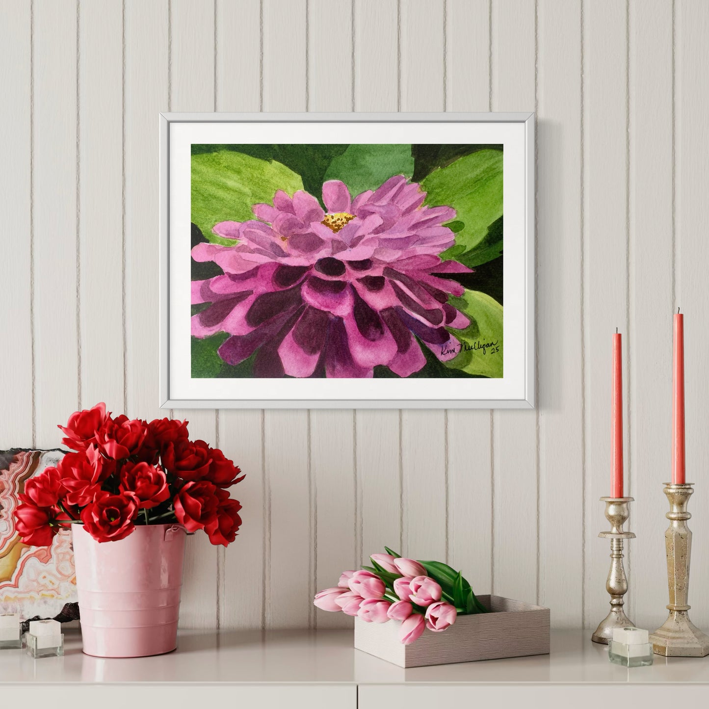 Pink Zinnia Original Watercolor Painting