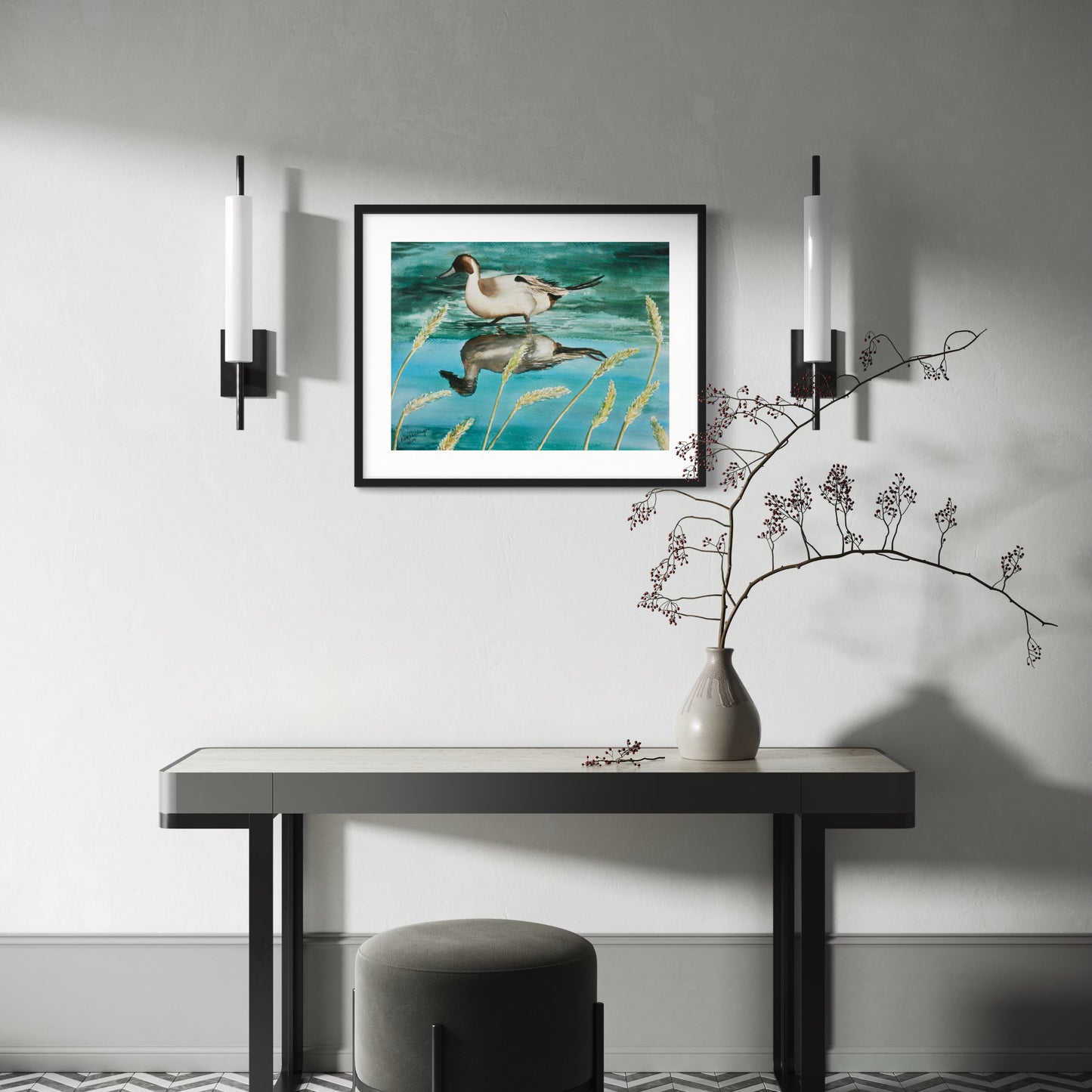 Print of Pintail Duck with Reeds Watercolor Painting