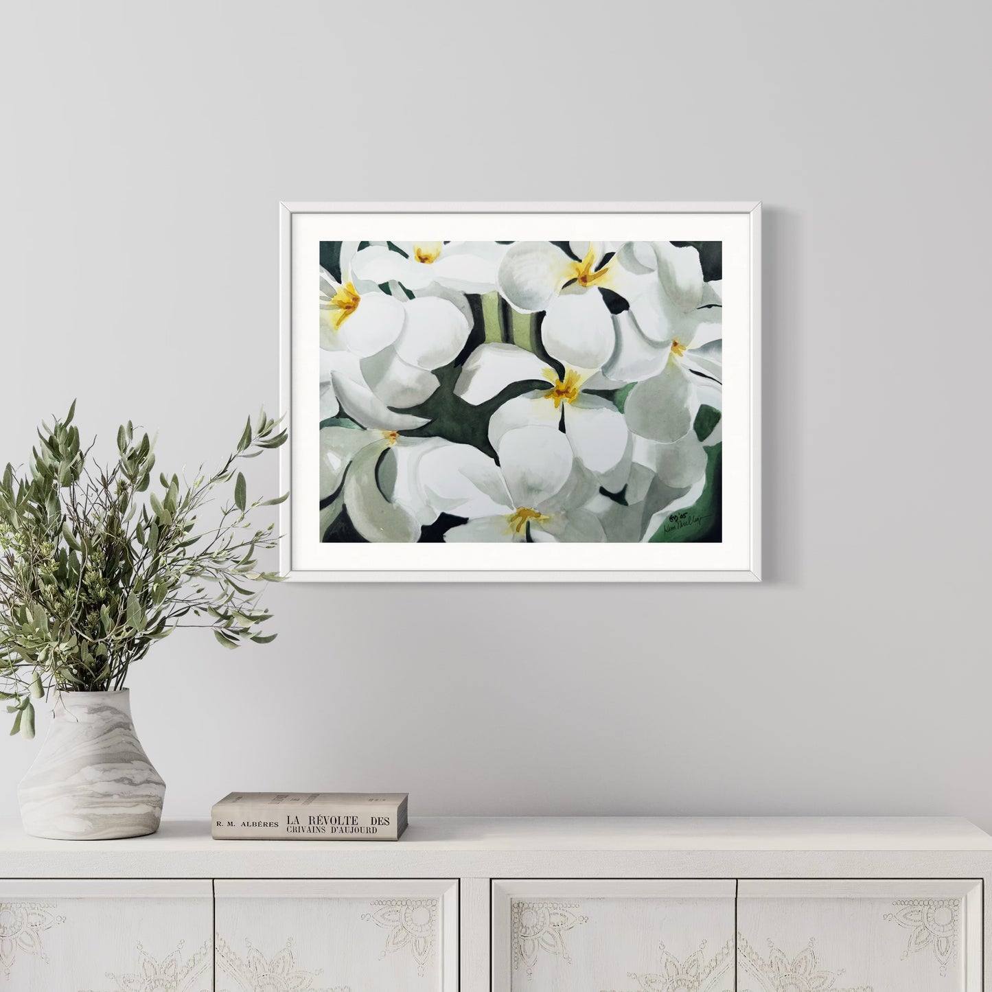 Framed watercolor painting white plumeria flowers