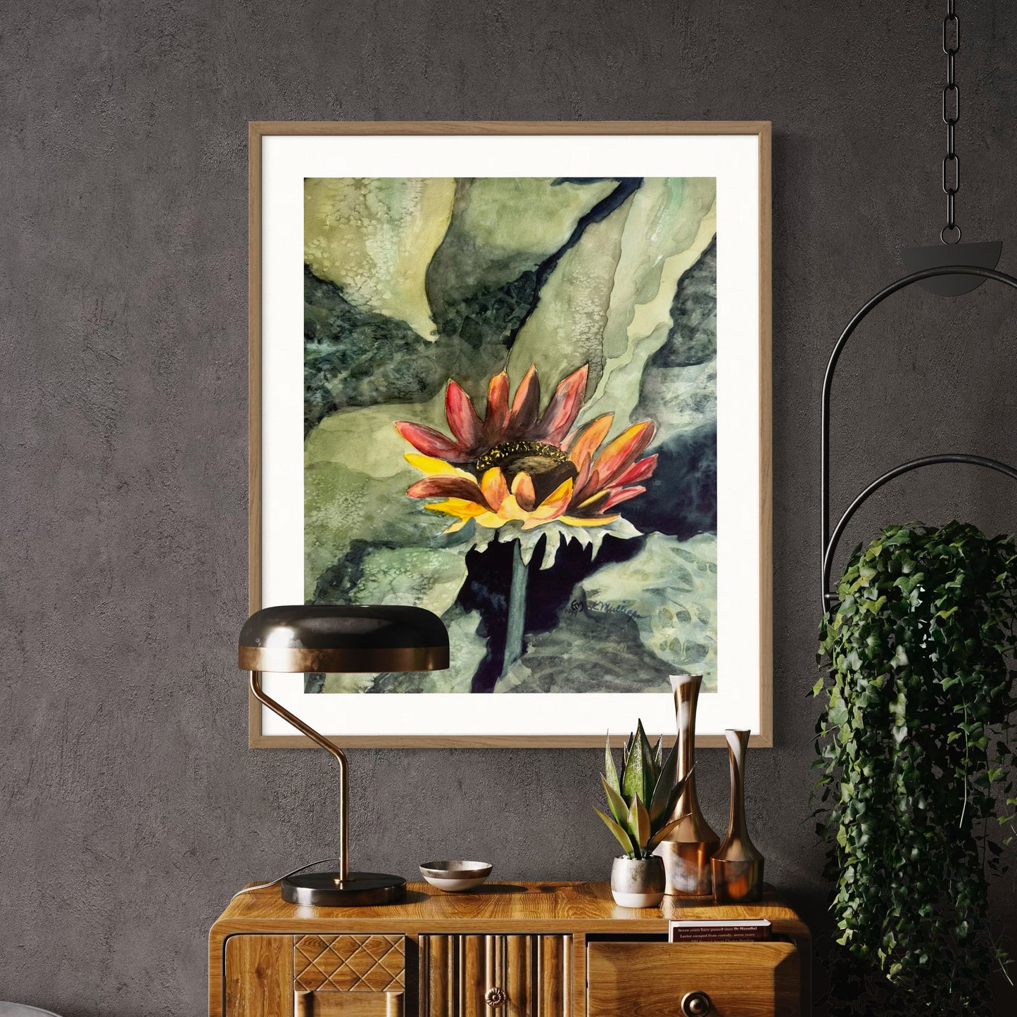 Print of Red Sunflower Watercolor Painting