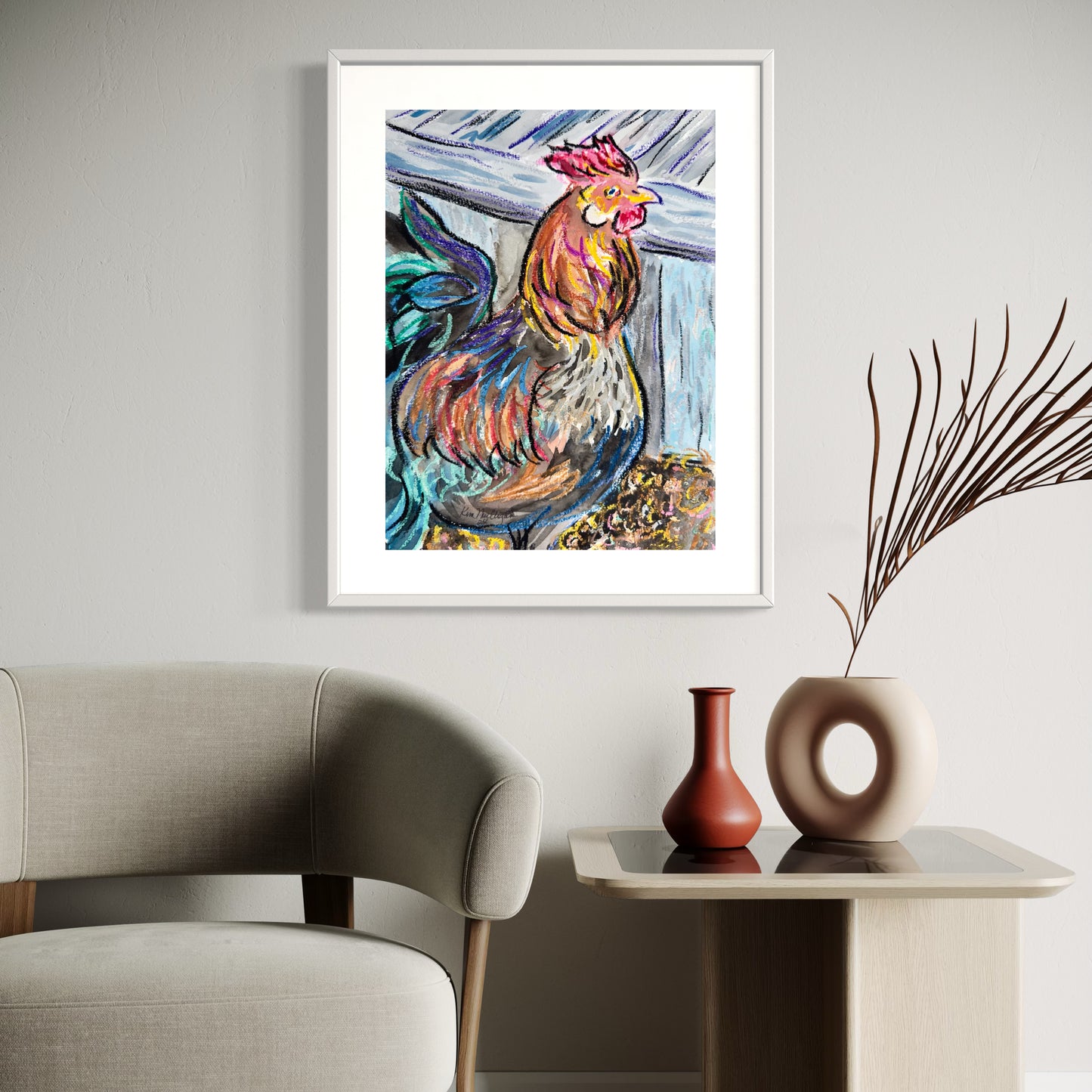 Abstract Rooster Original Mixed Media Painting - 12x8