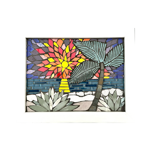 mosaic ceramic tile artwork of a tropical scene with palm trees and a colorful sun.