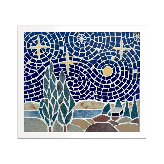 Framed mosaic artwork with a night sky design featuring stars, moon, and trees.