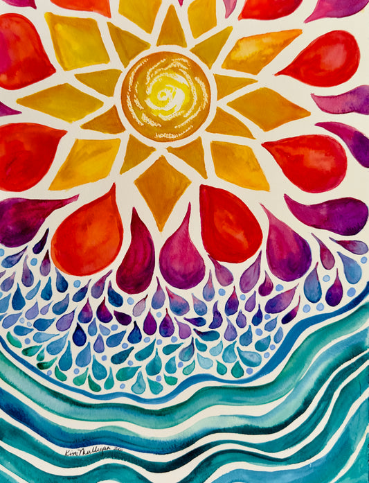 A colorful abstract floral and wave artwork on a cream background, featuring a yellow and orange sunburst with red, purple, and pink teardrop shapes above layered blue and teal wavy lines. Signed by artist Kim Nelson near the lower left.