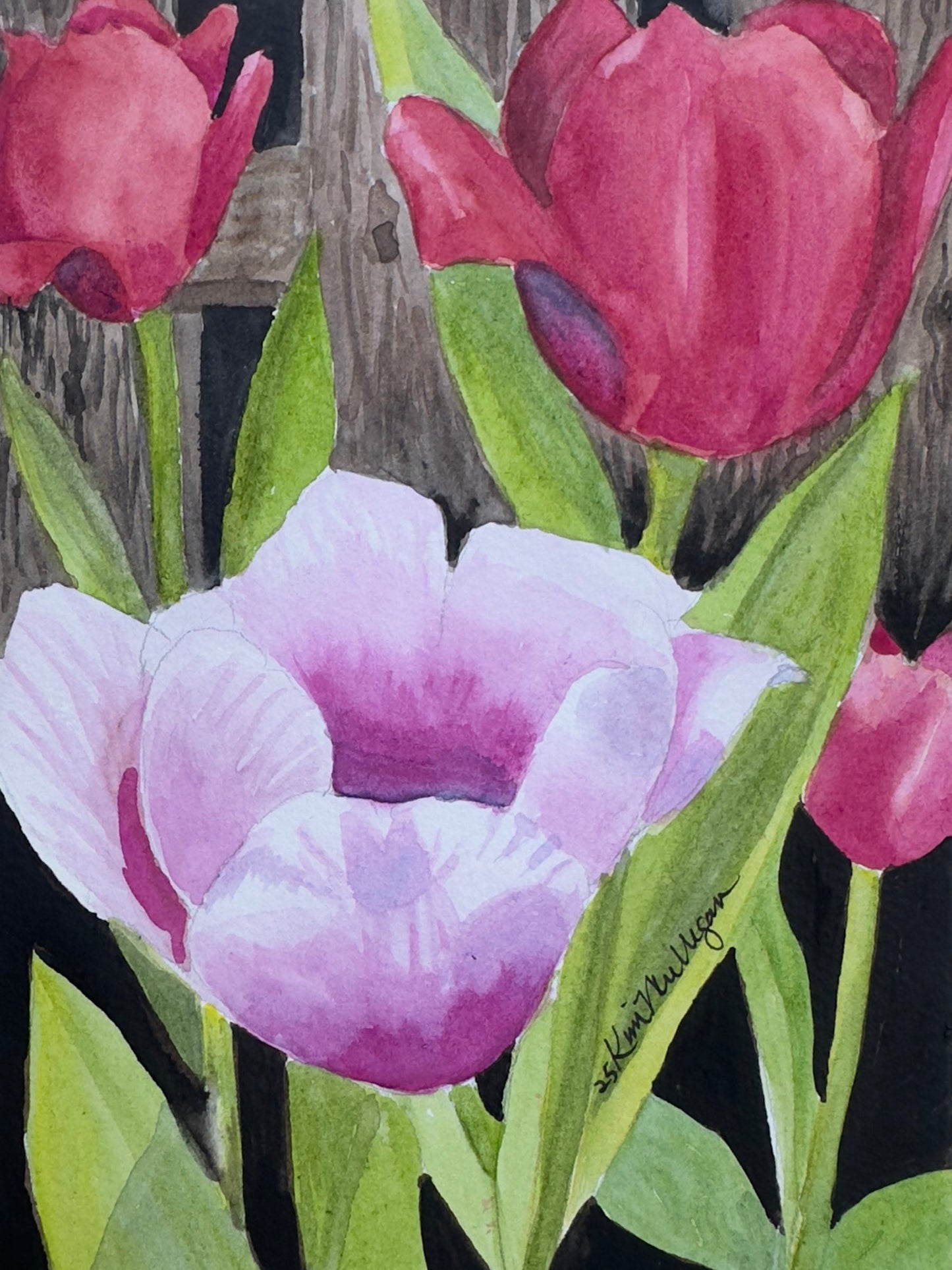 Tulip Garden Original Watercolor Painting - 5x7"
