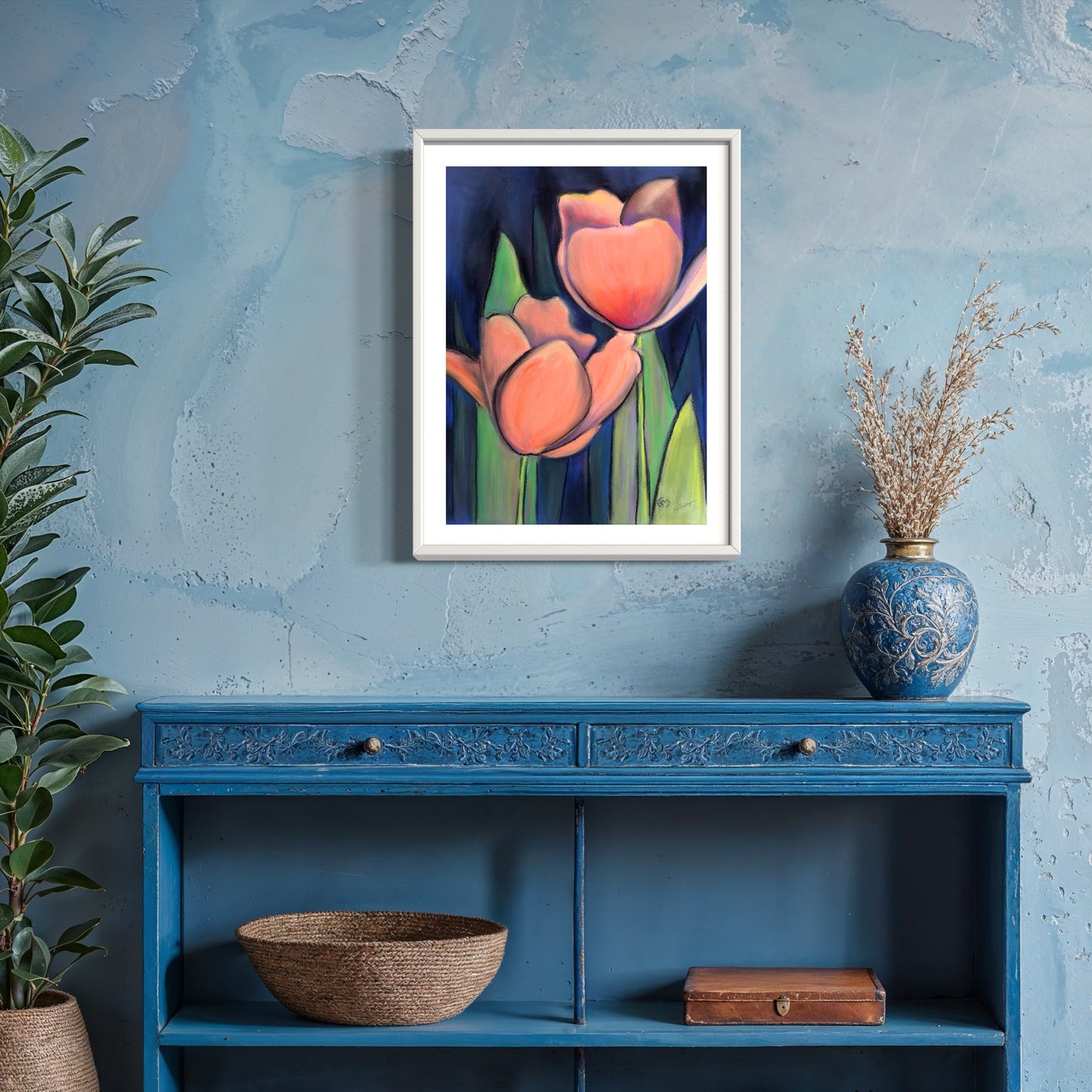 Coral Tulips Original Mixed Media Painting