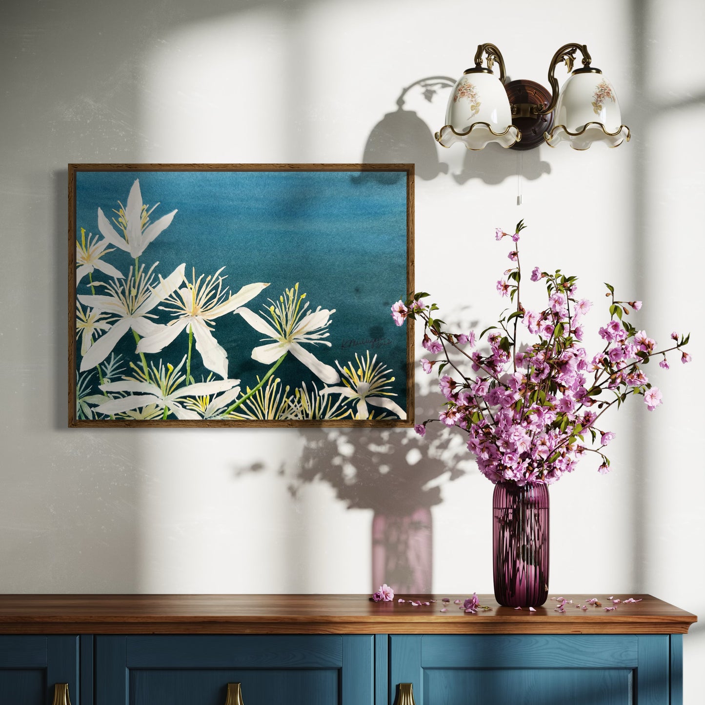 Print of White Clematis Flowers Watercolor Painting