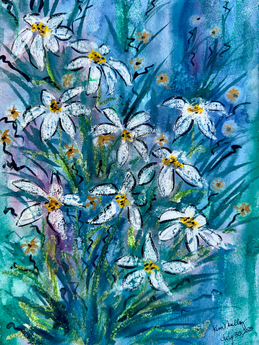 Print of Abstract Daisies Mixed Media Painting
