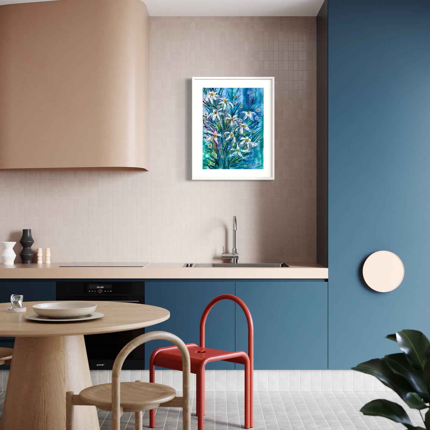 Framed Abstract white flower painting with blue green background