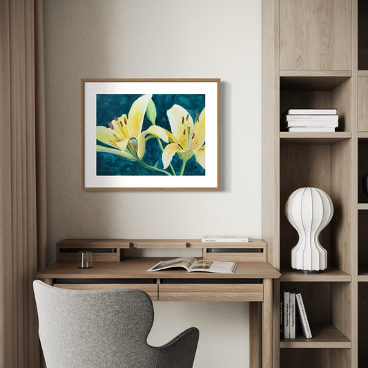 Framed watercolor painting of yellow day lillies on dark turquoise background.