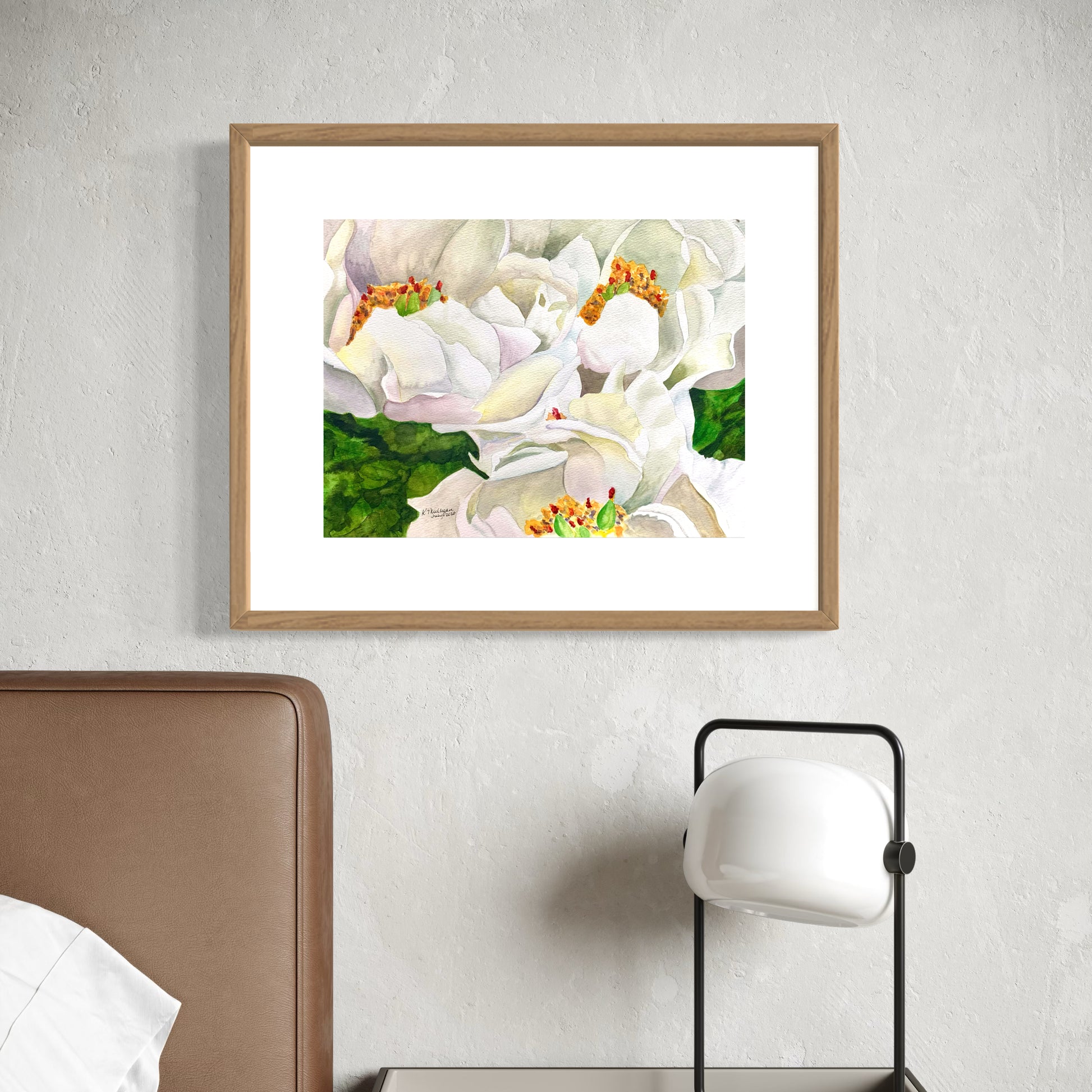 Framed watercolor painting of white peony flowers close up view.