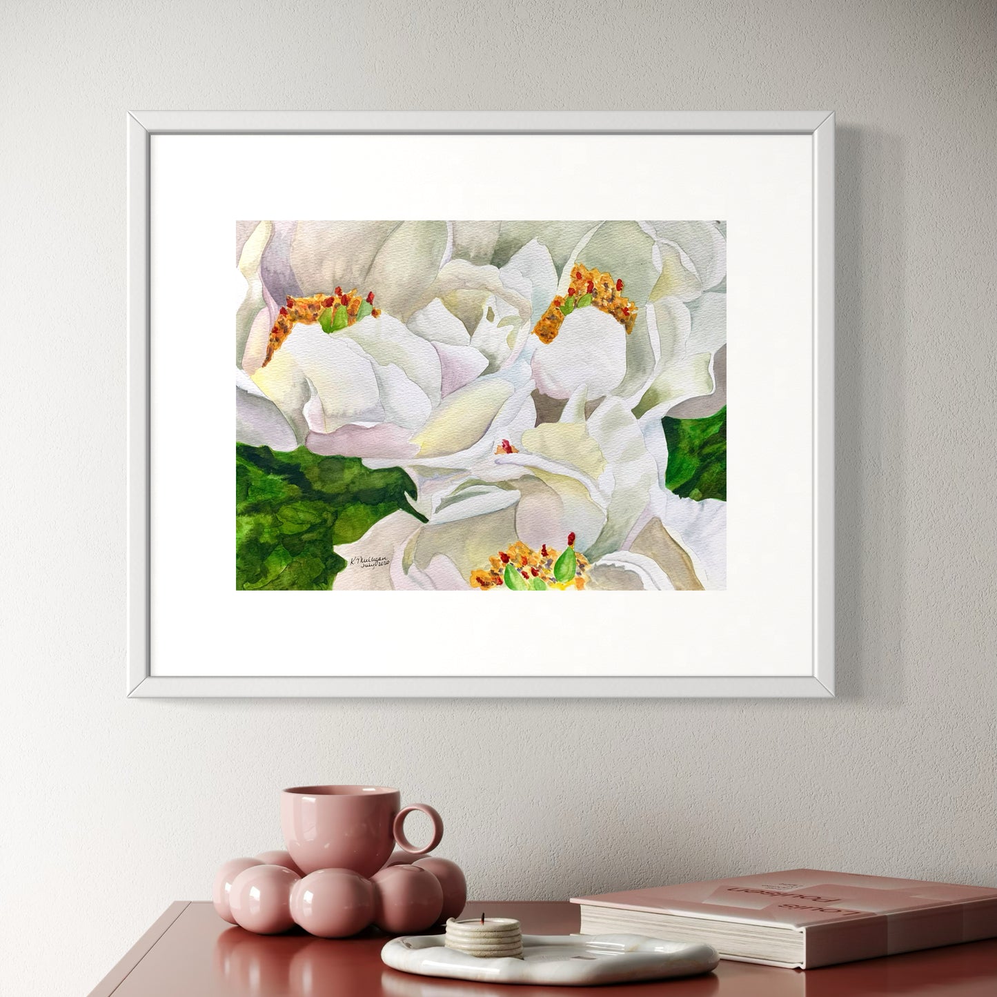 Three White Peony Flowers Original Watercolor Painting