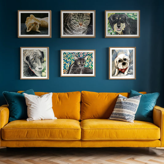 mock up room with examples of pet portrait commissioned framed art.