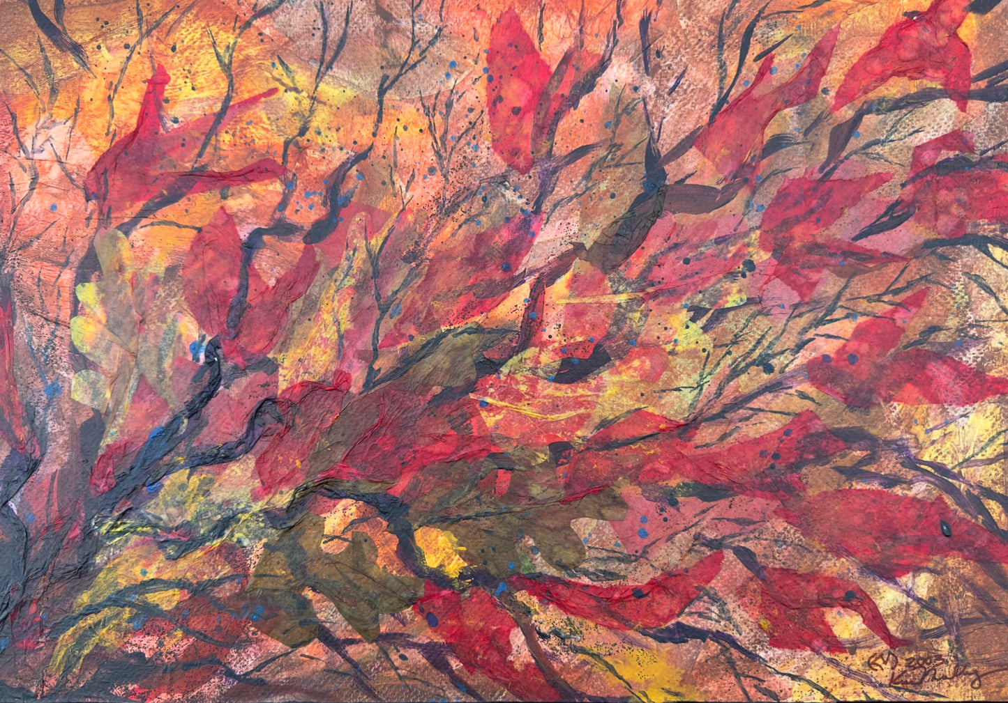 Abstract collage artwork with autumnal colors and leaf patterns