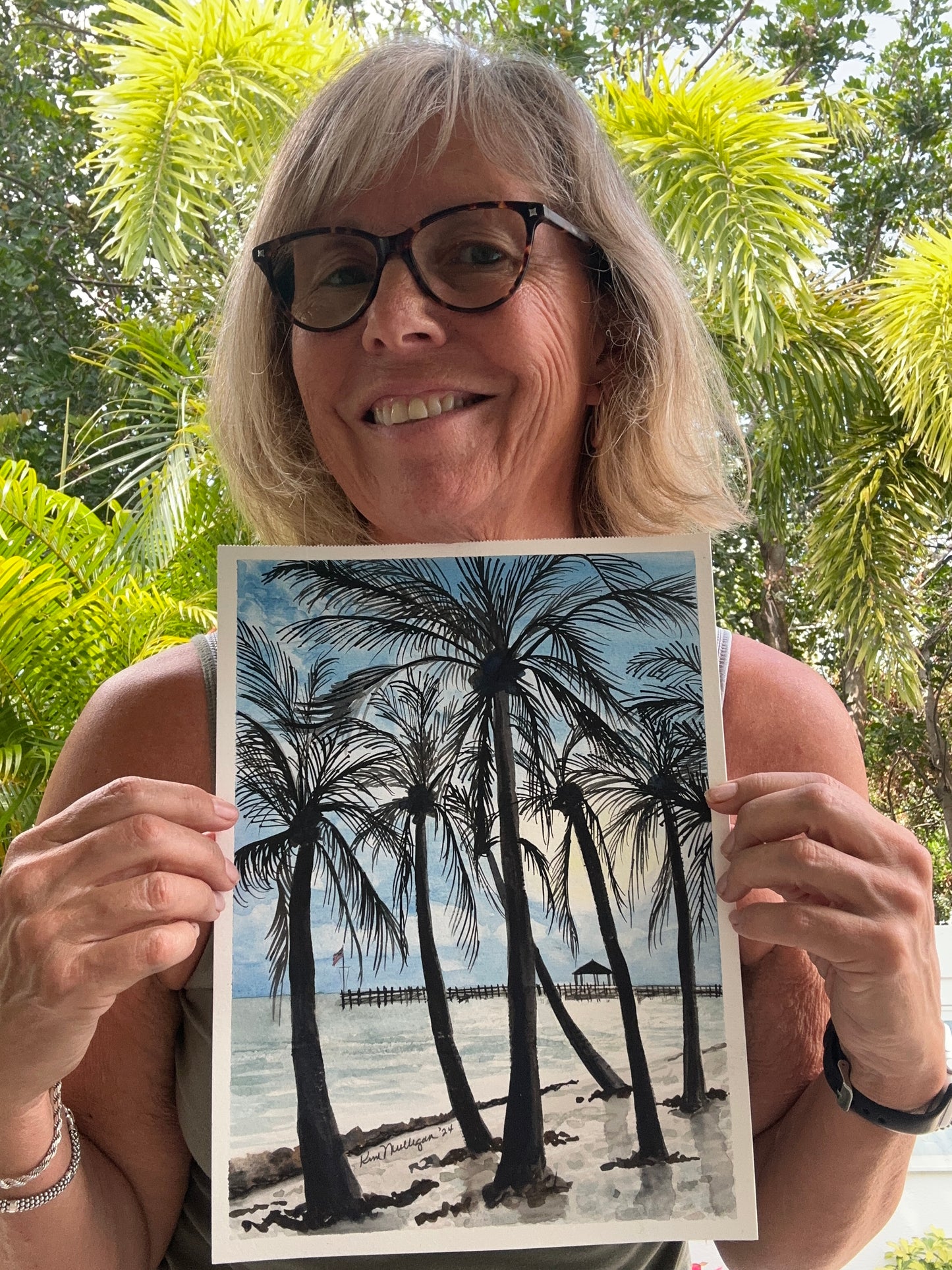 Key West Beach with Palm Trees Original Watercolor Painting